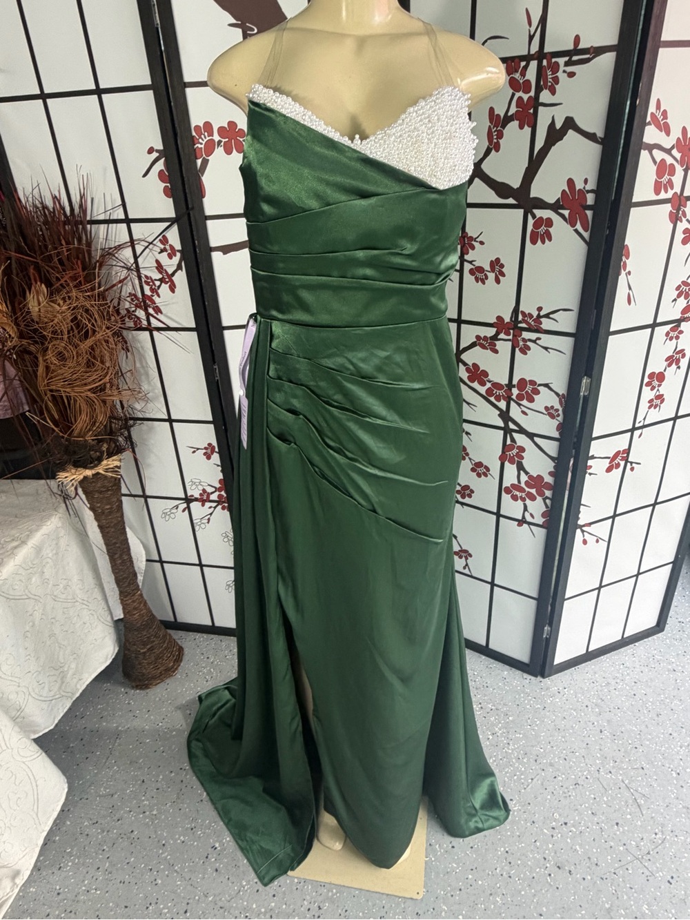 Beaded Emerald Green Satin Prom Gown - Picture 3 of 9